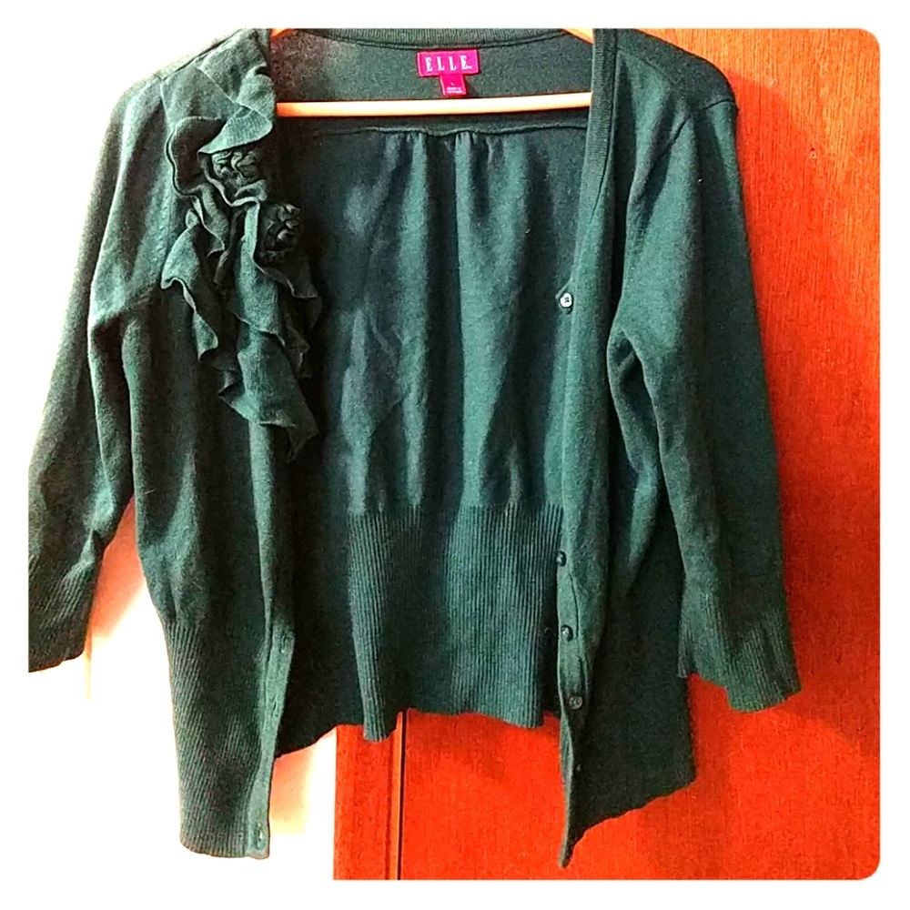 Teal cardigan with floral ruffles